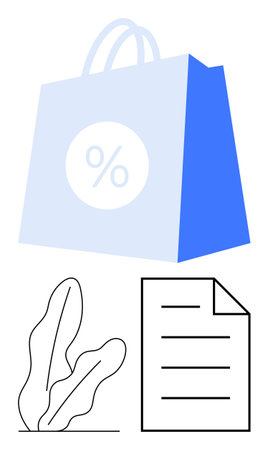 Blue shopping bag with percent sign, minimalist leaf design, and document with lines. Ideal for retail, discounts, e-commerce, sales promotion, store marketing minimalism deals. Clean flat simpleのイラスト素材
