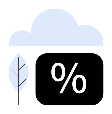 Cloud above a minimal leaf silhouette next to a percentage symbol in a black rectangle. Ideal for sustainability, ecology, cloud computing, data analytics, emissions tracking, environmental impactのイラスト素材