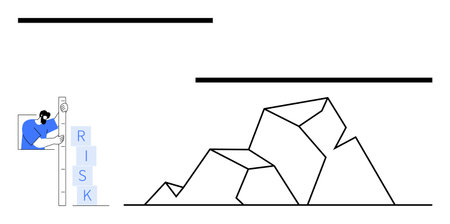 Person analyzing a vertical risk level meter, adjacent to abstract geometric rocks. Ideal for risk assessment, business strategy, problem-solving, decision-making, growth, planning, simple landingのイラスト素材