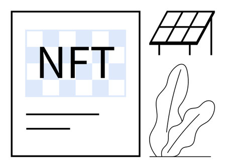 NFT file with grid design, solar panel, and minimal plant shapes. Ideal for blockchain, sustainability, technology, art, environment innovation renewable energy. Flat simple metaphorのイラスト素材