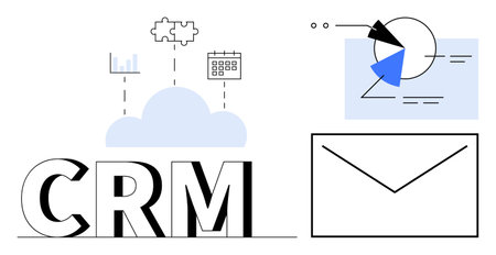Large CRM text with cloud, puzzle, bar graph, calendar, pie chart, and email. Ideal for customer management, data analytics, communication collaboration marketing teamwork and digital strategyのイラスト素材