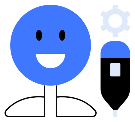 Smiling blue figure with a gear and pen highlighting creativity, teamwork, productivity, innovation, design, education, and problem-solving ideas. Ideal for flat simple metaphorのイラスト素材