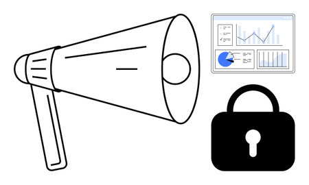 Megaphone symbolizing communication, data dashboard highlighting insights, and padlock ensuring security. Ideal for marketing, analytics, privacy, awareness, teamwork, outreach simple landing pageのイラスト素材