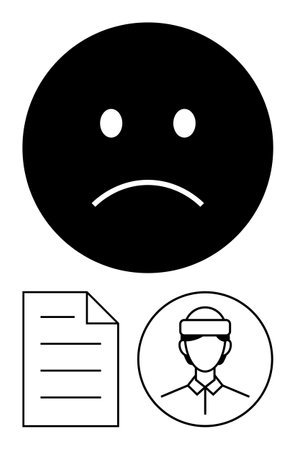 Large sad face icon, lined paper, and avatar head in a circle. Ideal for emotions, mental health, user profile, complaint, reports empathy feedback. Flat simple metaphorのイラスト素材