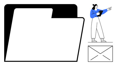 Large folder with envelope below, worker holding tablet and pointing. Ideal for file management, workflow, communication, teamwork, organization, task delegation, simple landing pageのイラスト素材