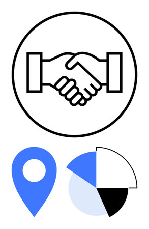 Handshake in circle signifies collaboration. Below are a blue location pin and segmented pie chart. Ideal for business deals, partnerships, trust, data sharing, agreements, strategy teamwork. Flatのイラスト素材