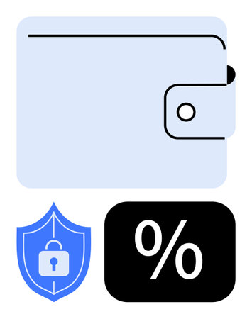 Light blue wallet with strap, shield lock symbol below, black block with percentage sign. Ideal for security, savings, privacy, discounts, budgeting banking data safety. Flat simple metaphorのイラスト素材