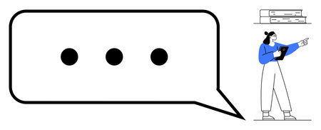Woman pointing to large speech bubble with three dots, holding tablet, books in corner. Ideal for communication, collaboration, storytelling, messaging, education, creativity simple landing pageのイラスト素材