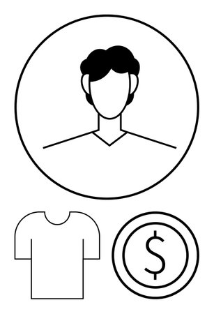 Empty user profile avatar with a shirt icon and a coin with a dollar sign. Ideal for e-commerce, user accounts, shopping, fashion, payment systems, business, finance, simple landing pageのイラスト素材