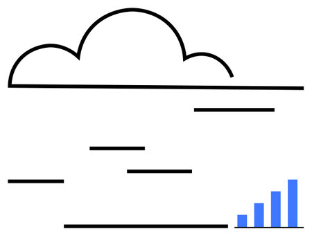Cloud outline at top with scattered horizontal lines suggesting data flow. Bottom-right growing blue bar graph indicating progress or analytics. Ideal for growth, data, technology, innovationのイラスト素材