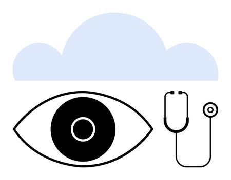 Large minimal eye, blue cloud, and a stethoscope. Ideal for healthcare, cloud tech, vision care, data security, AI, medical innovation simple landing pageのイラスト素材