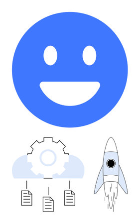 Blue smiling face, cloud with gear connecting documents, rocket launching. Ideal for technology, innovation, happiness, solutions, teamwork growth success. Flat simple metaphorのイラスト素材