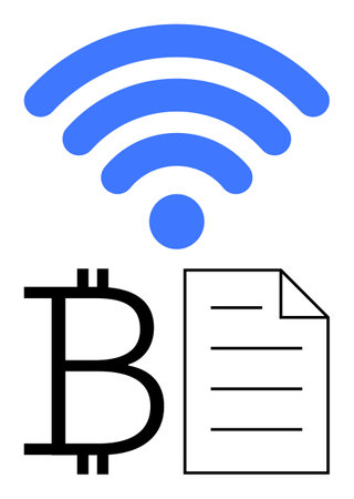 wireless signal, Bitcoin currency symbol, and document with lines illustrate cryptocurrency data sharing. Ideal for finance, technology, innovation, networking, blockchain, digital paymentのイラスト素材