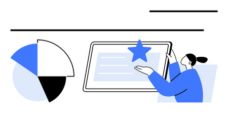 Person gestures to a tablet screen with a star above, alongside a pie chart. Ideal for technology, data, user feedback, evaluation, analytics, digital communication education. Flat simple metaphorのイラスト素材