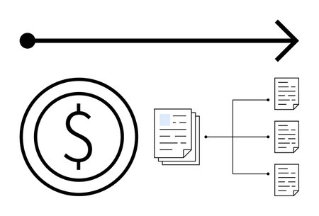 Dollar sign inside a circle, stack of documents branching into multiple files, and a rightward arrow. Ideal for financial process, payment systems, productivity tools, resource allocation, businessのイラスト素材