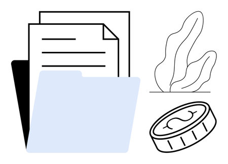 Documents stacked within a blue folder, financial coin graphic, simple plant decor. Ideal for finance, budgeting, organization, savings, office, minimalism simple landing pageのイラスト素材