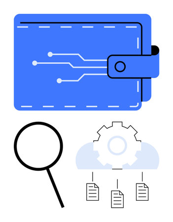 Blue digital wallet with circuit pattern, magnifying glass, gear, cloud, and documents below. Ideal for finance, security, blockchain data analysis technology cloud storage organization. Flatのイラスト素材