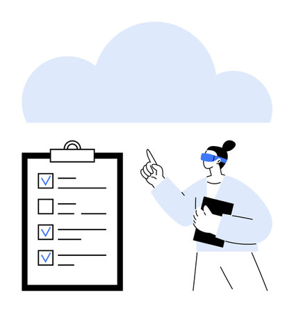 Minimalist scene with a woman holding a folder, pointing at a cloud, near a checklist with marked tasks. Ideal for technology, cloud storage, productivity, organization, planning, digitalのイラスト素材