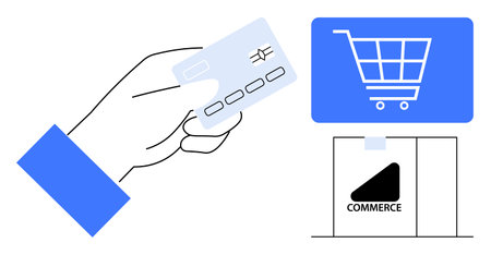 Hand holding payment card beside a display with a shopping cart and commerce icon. Ideal for online payment, e-commerce, shopping, retail technology, transaction, customer journey, flat simpleのイラスト素材