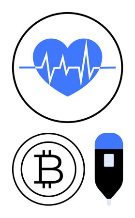 Blue heart with heartbeat line, Bitcoin coin, and glucometer. Ideal for health, finance, blockchain,...