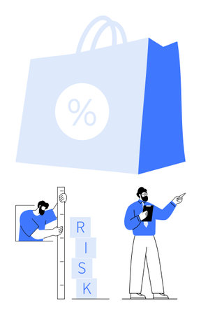 Shopping bag with discount symbol, man pointing with clipboard, person measuring stack of risk blocks. Ideal for business strategy, risk management, retail, finance, decision-making, consultingのイラスト素材