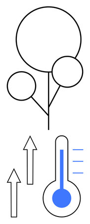 Tree shapes representing nature, thermometer indicating heat increase, upward arrows for global warming and energy flow. Ideal for sustainability, environment, climate action, ecology, weatherのイラスト素材