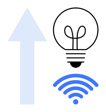 Light bulb signifying idea, blue wireless signal for connectivity, and upward arrow for progress. Ideal for technology, growth, innovation, success, communication, creativity internet in flat simpleのイラスト素材