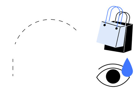 Shopping bags combined with crying eye and broken dotted line. Ideal for consumerism, dissatisfaction, retail therapy, emotional spending, market pressure, failed expectations, modern commerceのイラスト素材