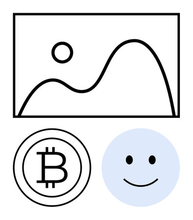 Black outlined landscape with a sun, Bitcoin sign in a circle, and a smiling face in blue. Ideal for...
