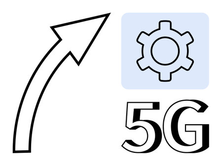 Upward arrow signifying growth, blue gear for operation and technology, and bold 5G text. Ideal for technology, innovation, progress, connectivity, telecommunications, digital future simple landingのイラスト素材