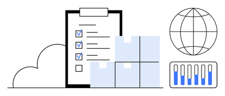 Checklist clipboard, stack of packages, globe, and chart highlight supply chain and analytics. Ideal for logistics, global trade, inventory, data tracking, planning management simple landing pageのイラスト素材