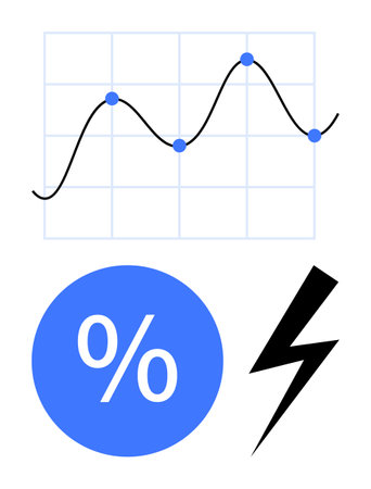 Line graph with nodes on grid, large blue percentage symbol, and black lightning bolt. Ideal for presentations, financial analysis, statistics, growth tracking, energy sector, business strategyのイラスト素材