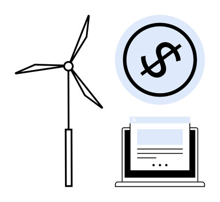 Wind turbine, dollar sign in circle, and open laptop screen. Ideal for sustainability, finance, technology, green energy, digital business investment and eco-conscious solutions. A flat simpleのイラスト素材