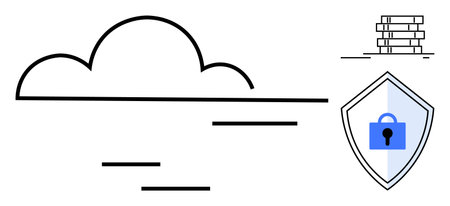 Cloud icon with horizontal lines representing connectivity, shield with padlock for security, stacked server blocks. Ideal for cybersecurity, data privacy, technology solutions, cloud storageのイラスト素材