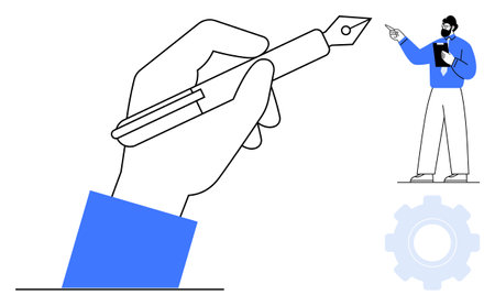 Hand drawing with fountain pen, businessman presenting ideas holding clipboard and gear as backdrop. Ideal for creativity, teamwork, education, business strategy, planning, productivity, innovationのイラスト素材