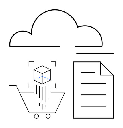 Digital shopping cart receiving 3D model download from cloud, alongside document file. Ideal for e-commerce, cloud computing, digital transformation, data storage, automation, 3D technology, remoteのイラスト素材