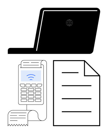 Laptop, payment terminal with contactless sign, printed receipt, and document representing digital transactions. Ideal for business, technology, finance, e-commerce, remote work paymentsのイラスト素材