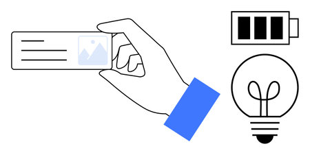 Hand holding ID card next to a charged battery and lightbulb icon. Ideal for identity, innovation,...