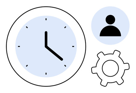 Clock with hour hand, gear, and user icon symbolize time tracking, productivity, work management,...