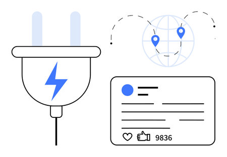 Electric plug icon with lightning bolt, globe with location pins, and social media card with thumbs...