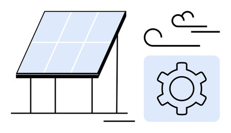 Solar panel harnessing energy, accompanied by gear icon and wind symbols. Ideal for sustainability,...