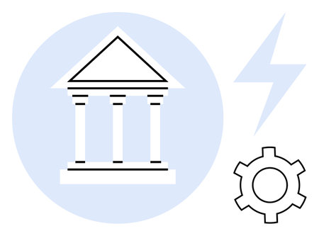 Government structure with pillars placed over a circle, gear symbolizing industry and innovation, and lightning bolt signifying energy. Ideal for governance, innovation, finance, industry, energyのイラスト素材