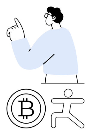 Person making a gesture suggesting ideas, Bitcoin icon symbolizing cryptocurrency, and abstract human figure representing movement. Ideal for finance, blockchain, innovation, technology, progressのイラスト素材
