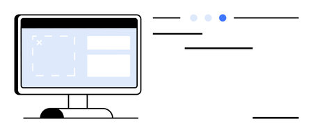 Monitor screen displaying UI layout with navigation indicators and text lines. Ideal for web design, technology, digital interface, software development, UX trends, education, simple landing pageのイラスト素材