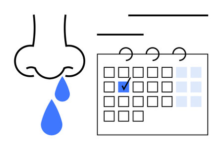 Nose dripping water-thumbs up droplets beside a calendar with a checkmark hinting at planned medical appointments. Ideal for health management, tracking symptoms, planning, healthcare, sicknessのイラスト素材