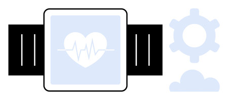 Smartwatch monitoring heartbeat with an ECG graphic on display. Gear and cloud icons represent health data synchronization, connectivity, and integration. Ideal for wellness, technology, healthcareのイラスト素材