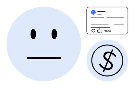 Neutral face emotion, social media analytics with thumbs ups and comments, dollar sign in a circle....