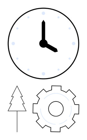 Large analog clock with simple hands, triangular tree, and outlined gear. Ideal for time management,...