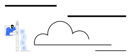 Man climbing a ladder labeled RISK beside a cloud emphasizes strategy, challenges, evaluation. Ideal for decision-making, analysis, problem-solving, risk management, leadership, and a simple landingのイラスト素材