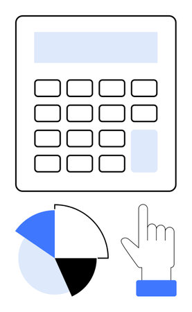 Calculator with display and keypad, pie chart in blue, black, and gray, and hand pointing gesture. Ideal for finance, analysis, statistics education accounting technology business. Flat simpleのイラスト素材